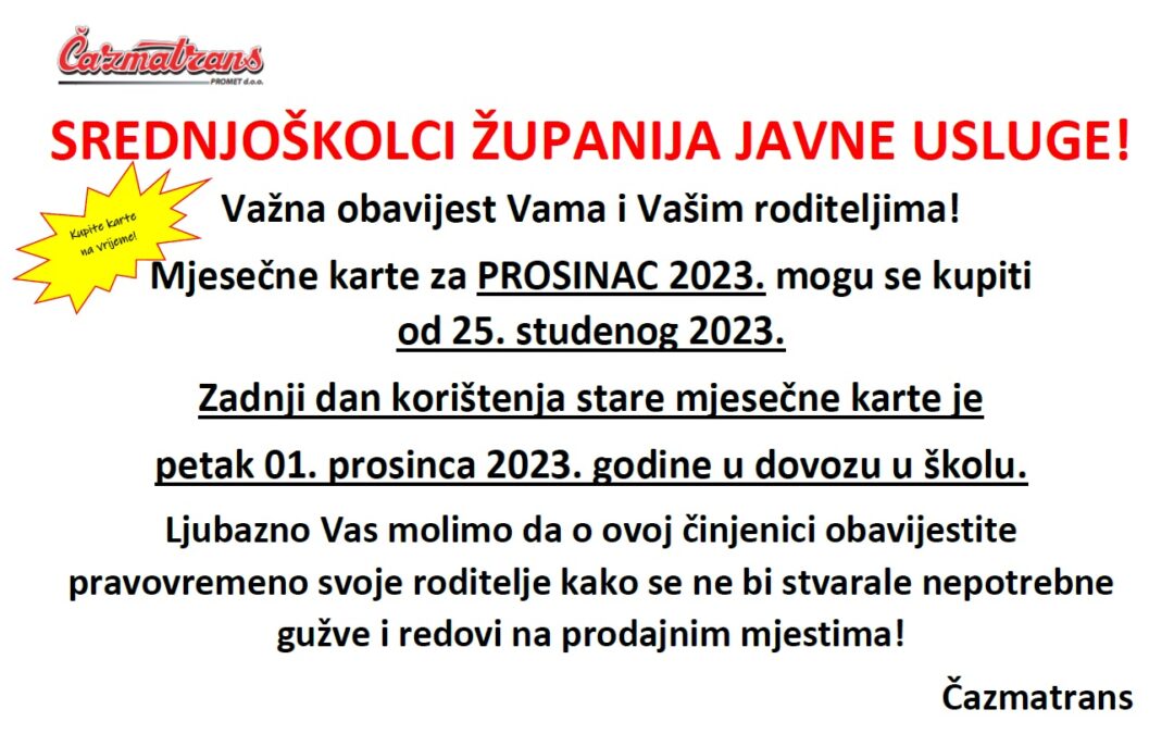 Obavijest za učenike putnike i njihove roditelje