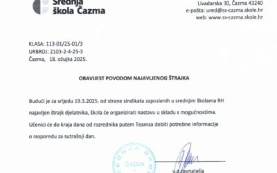 Obavijest učenicima i roditeljima za srijedu 19.3.2025.